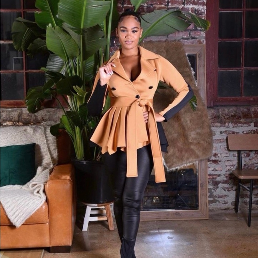 Women's Tan Double-Breasted Peplum Jacket